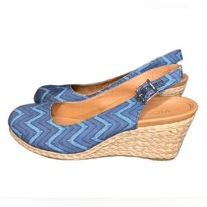 Vionic Espadrille Slingback Navy & Brown Chevron Pattern  Wedge Sandals 8.5M